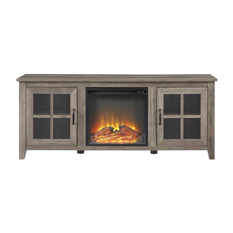 Classic Windowpane Glass-Door Fireplace TV Stand for TVs up to 65″ – Gray Wash