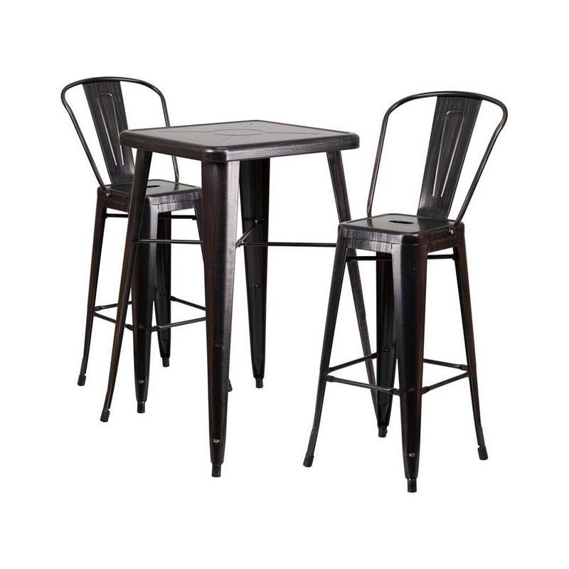 Commercial Grade 23.75″ Square Black-Antique Gold Metal Indoor-Outdoor Bar Table Set with 2 Stools with Backs