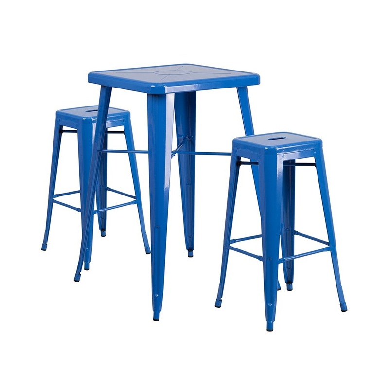 Commercial Grade 23.75″ Square Blue Metal Indoor-Outdoor Bar Table Set with 2 Square Seat Backless Stools