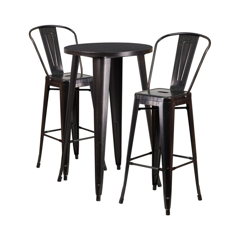 Commercial Grade 24″ Round Black-Antique Gold Metal Indoor-Outdoor Bar Table Set with 2 Cafe Stools