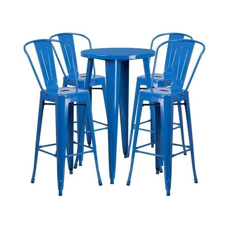 Commercial Grade 24″ Round Blue Metal Indoor-Outdoor Bar Table Set with 4 Cafe Stools