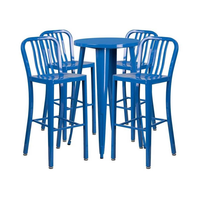 Commercial Grade 24″ Round Blue Metal Indoor-Outdoor Bar Table Set with 4 Vertical Slat Back Stools
