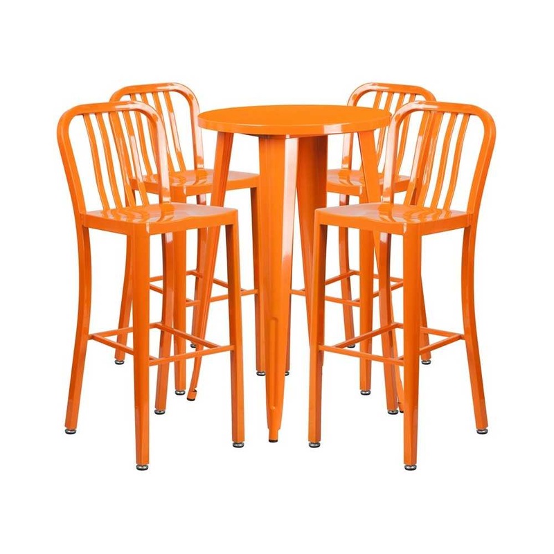 Commercial Grade 24″ Round Orange Metal Indoor-Outdoor Bar Table Set with 4 Vertical Slat Back Stools
