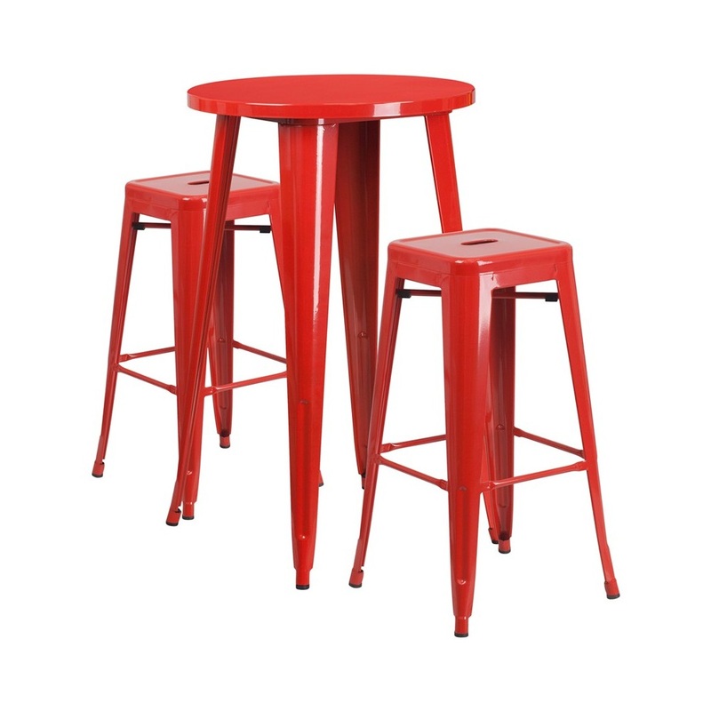 Commercial Grade 24″ Round Red Metal Indoor-Outdoor Bar Table Set with 2 Square Seat Backless Stools
