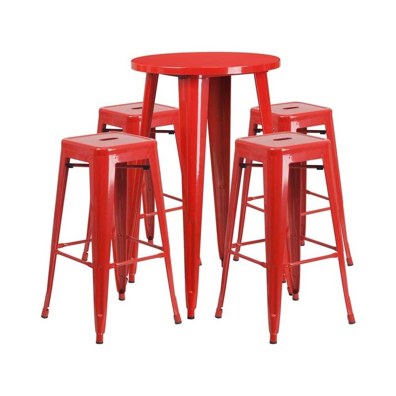 Commercial Grade 24″ Round Red Metal Indoor-Outdoor Bar Table Set with 4 Square Seat Backless Stools
