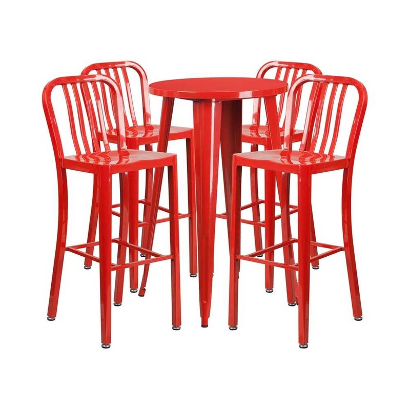 Commercial Grade 24″ Round Red Metal Indoor-Outdoor Bar Table Set with 4 Vertical Slat Back Stools
