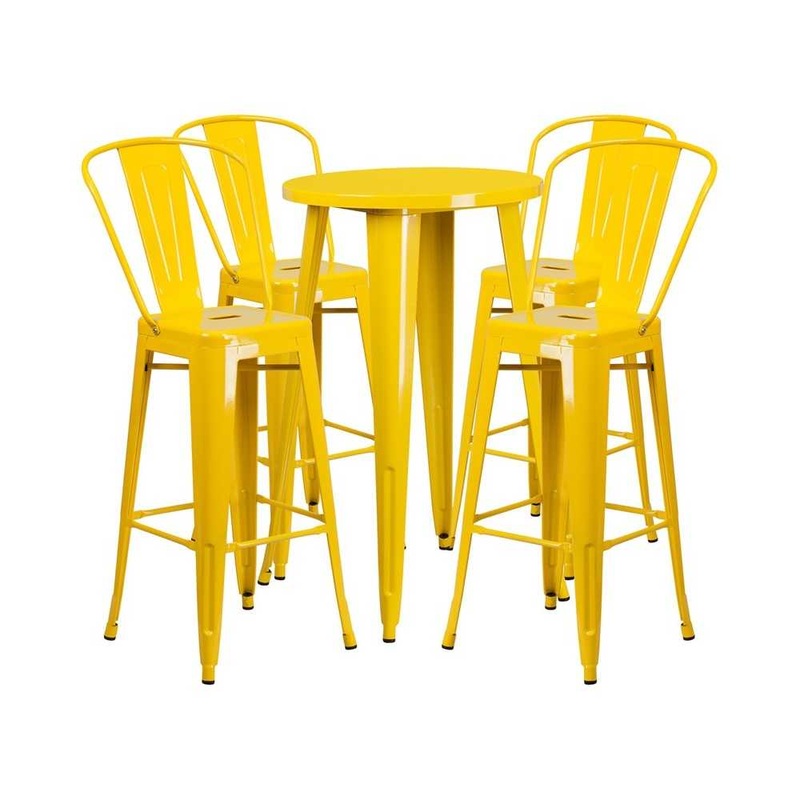 Commercial Grade 24″ Round Yellow Metal Indoor-Outdoor Bar Table Set with 4 Cafe Stools