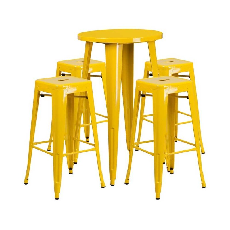 Commercial Grade 24″ Round Yellow Metal Indoor-Outdoor Bar Table Set with 4 Square Seat Backless Stools