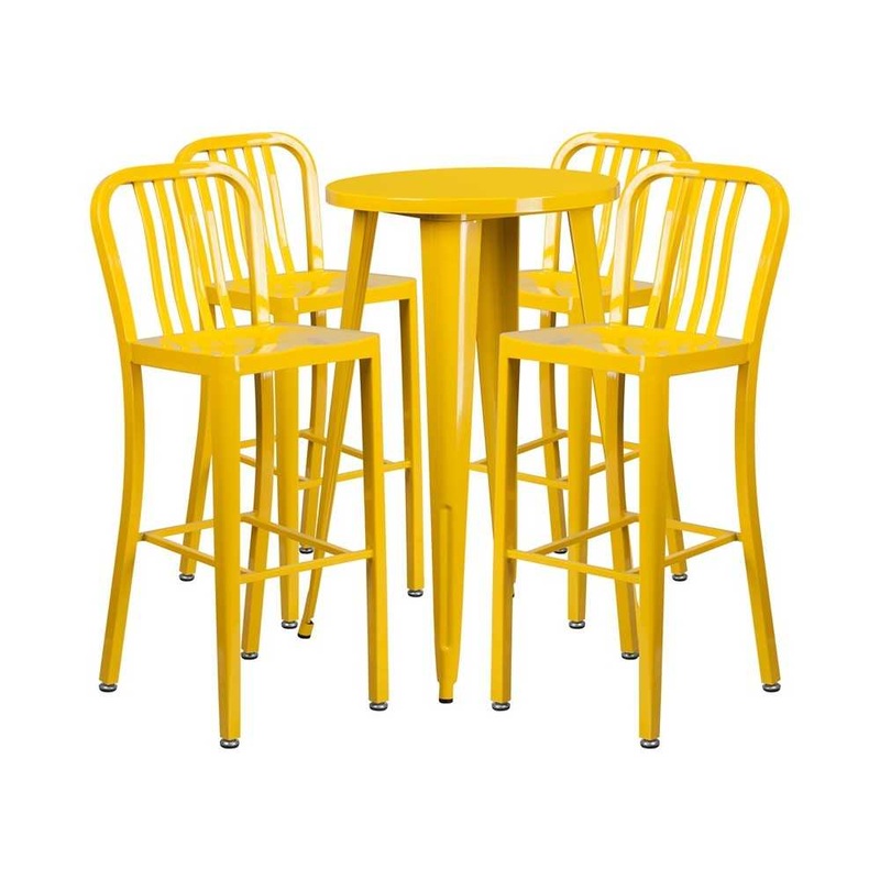 Commercial Grade 24″ Round Yellow Metal Indoor-Outdoor Bar Table Set with 4 Vertical Slat Back Stools
