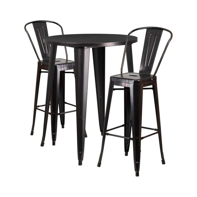 Commercial Grade 30″ Round Black-Antique Gold Metal Indoor-Outdoor Bar Table Set with 2 Cafe Stools