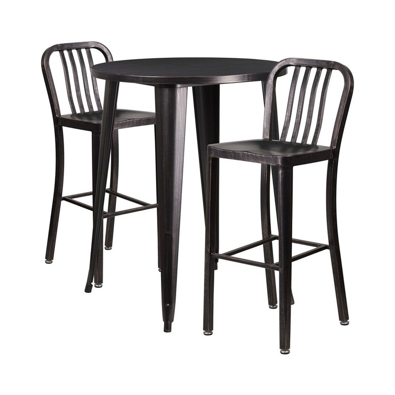 Commercial Grade 30″ Round Black-Antique Gold Metal Indoor-Outdoor Bar Table Set with 2 Vertical Slat Back Stools