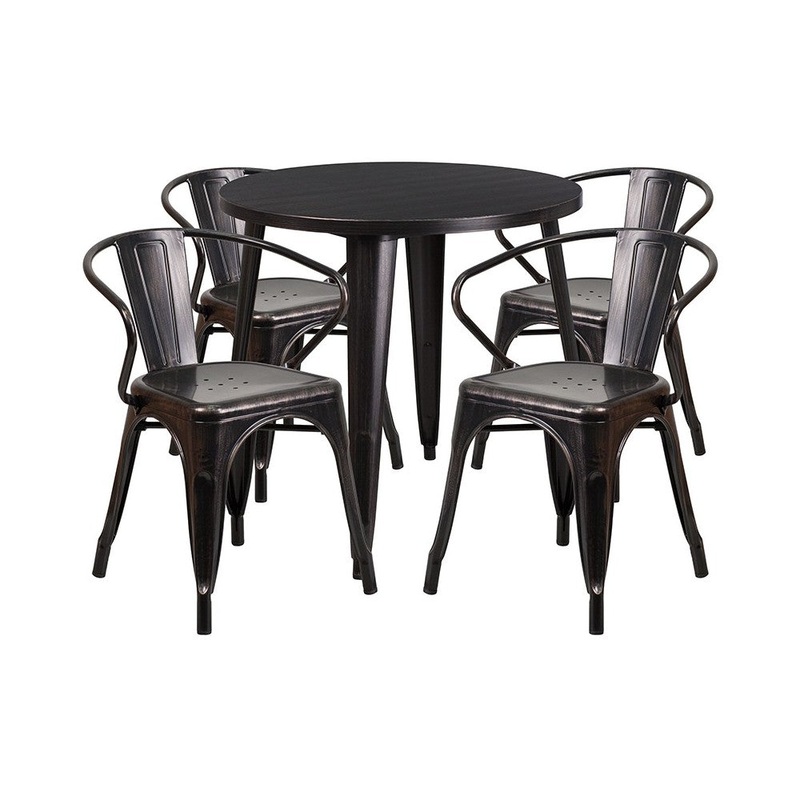 Commercial Grade 30″ Round Black-Antique Gold Metal Indoor-Outdoor Table Set with 4 Arm Chairs