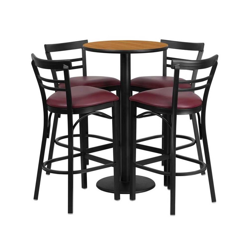 24” Round Natural Laminate Table Set with Round Base and 4 Two-Slat Ladder Back Metal Barstools – Burgundy Vinyl Seat