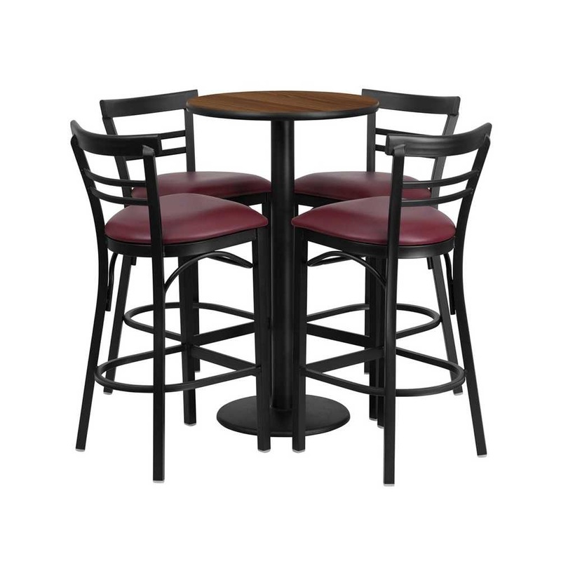 24” Round Walnut Laminate Table Set with Round Base and 4 Two-Slat Ladder Back Metal Barstools – Burgundy Vinyl Seat