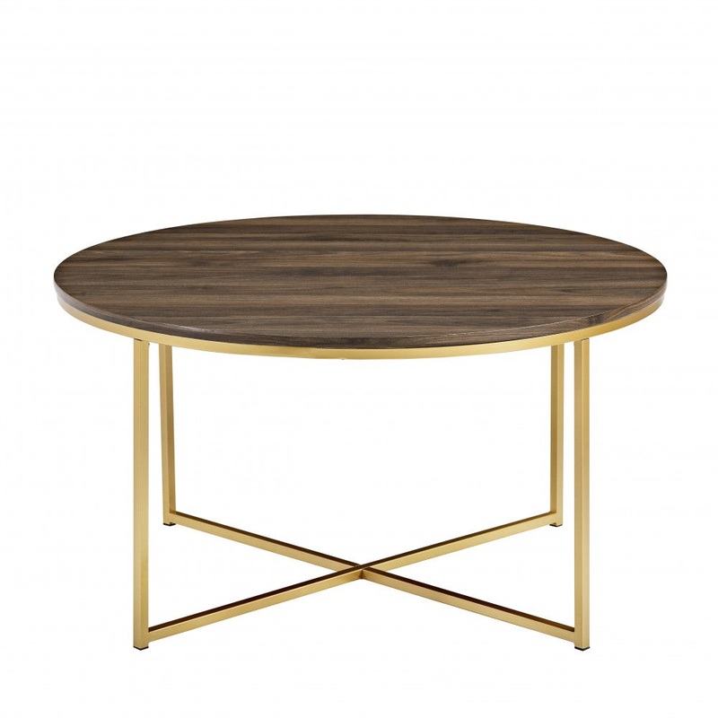 Alissa Mid Century Modern Round Coffee Table – Dark Walnut/Gold