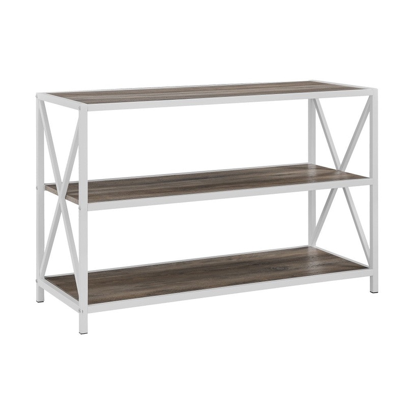 X Frame 40″ Industrial Wood Bookshelf – Gray Wash/White Metal