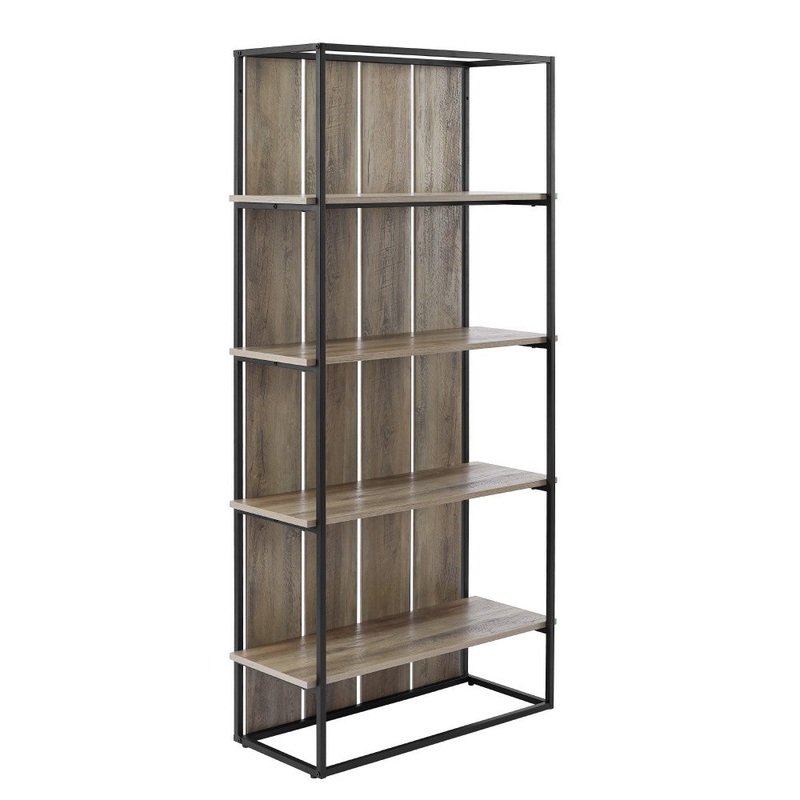 64″ Farmhouse Plank Back Bookshelf – Gray Wash/Black Metal