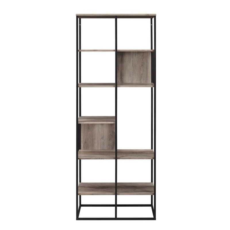 Modern Industrial Metal and Wood Bookshelf – Gray Wash