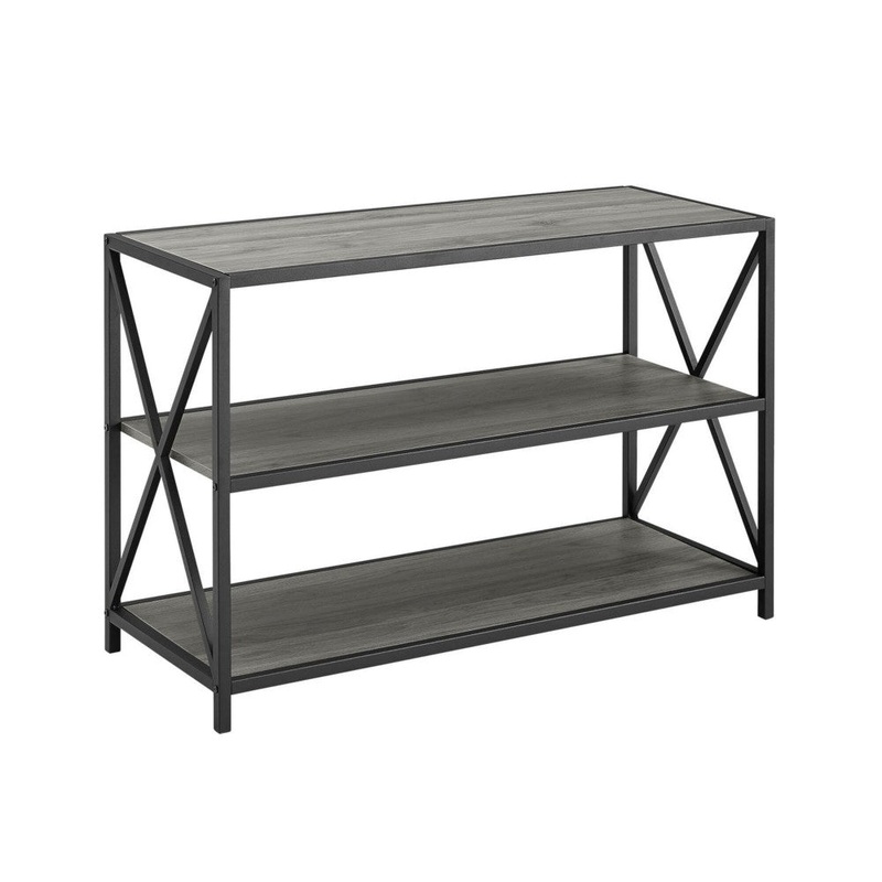 X Frame 40″ Industrial Wood Bookshelf – Slate Gray/Black Metal