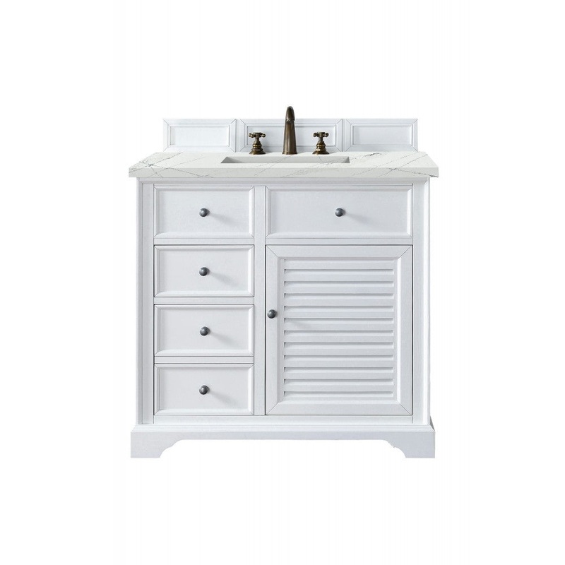 Savannah 36″ Single Vanity, Bright White, w/ 3 CM Ethereal Noctis Quartz Top