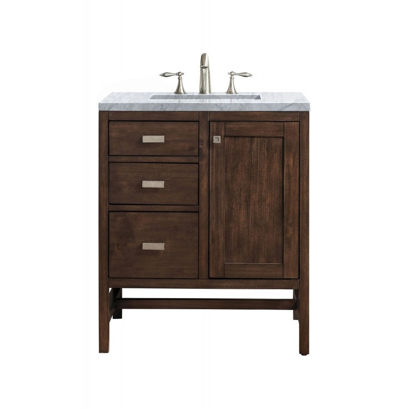 Addison 30″ Single Vanity Cabinet, Mid Century Acacia, w/ 3 CM Carrara White Top