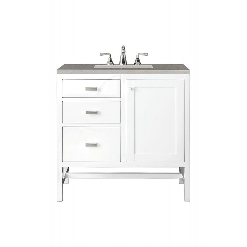 Addison 36″ Single Vanity Cabinet, Glossy White, w/ 3 CM Gray Expo Quartz Top
