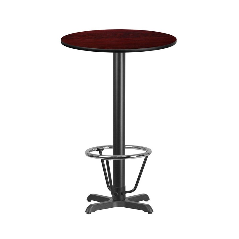 24” Round Mahogany Laminate Table Top with 22” x 22” Bar Height Table Base and Foot Ring