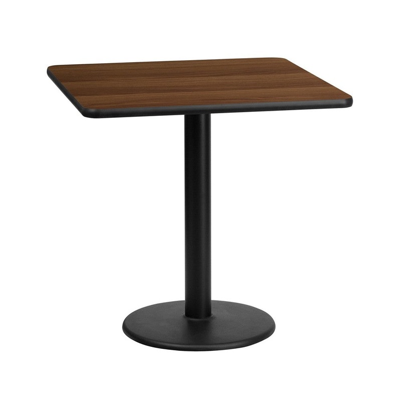 24” Square Walnut Laminate Table Top with 18” Round Table Height Base