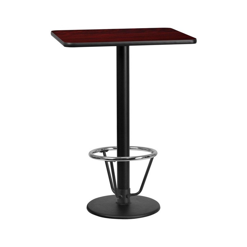 24” x 30” Rectangular Mahogany Laminate Table Top with 18” Round Bar Height Table Base and Foot Ring