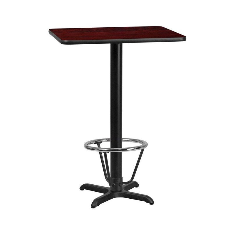 24” x 30” Rectangular Mahogany Laminate Table Top with 22” x 22” Bar Height Table Base and Foot Ring