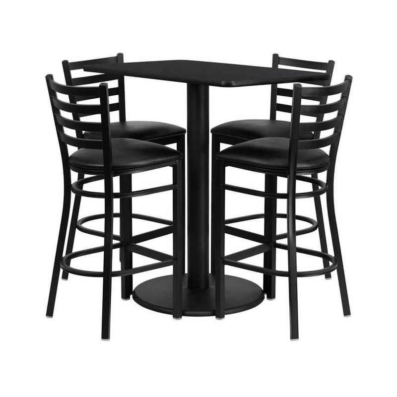 24” x 42” Rectangular Black Laminate Table Set with 4 Ladder Back Metal Barstools – Black Vinyl Seat