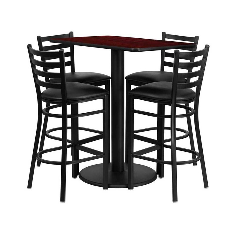 24” x 42” Rectangular Mahogany Laminate Table Set with 4 Ladder Back Metal Barstools – Black Vinyl Seat
