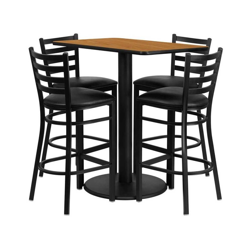 24” x 42” Rectangular Natural Laminate Table Set with 4 Ladder Back Metal Barstools – Black Vinyl Seat