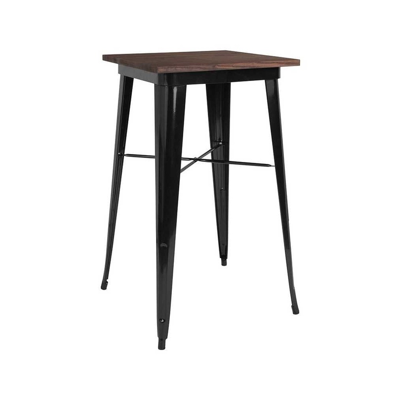 23.5″ Square Black Metal Indoor Bar Height Table with Walnut Rustic Wood Top