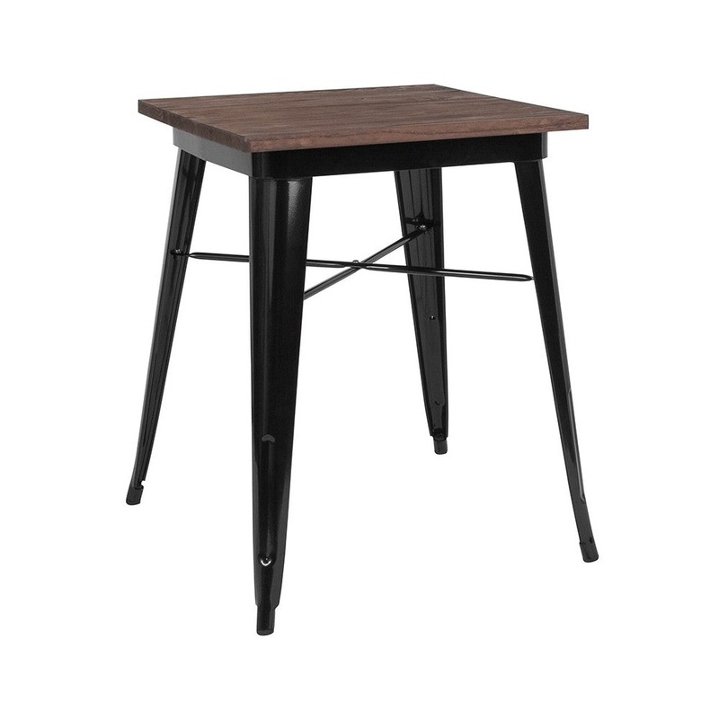23.5″ Square Black Metal Indoor Table with Walnut Rustic Wood Top