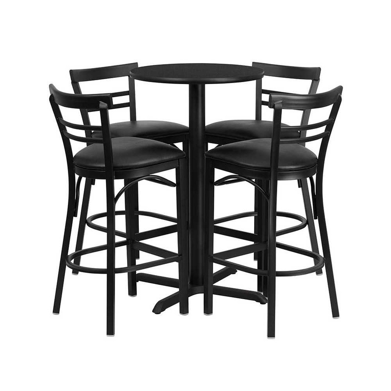 24” Round Black Laminate Table Set with X-Base and 4 Two-Slat Ladder Back Metal Barstools – Black Vinyl Seat