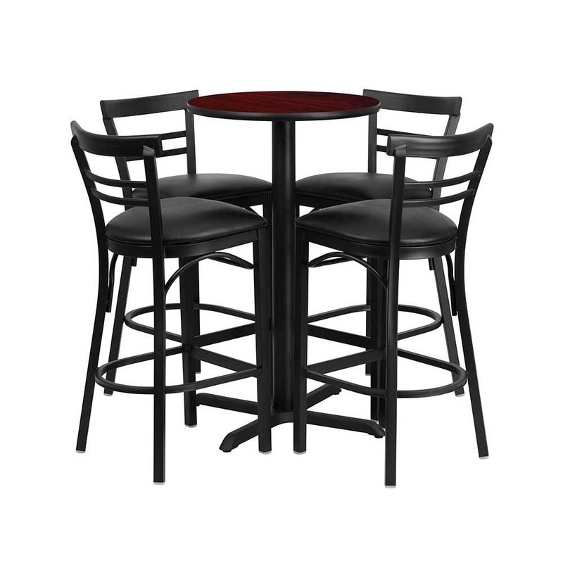 24” Round Mahogany Laminate Table Set with X-Base and 4 Two-Slat Ladder Back Metal Barstools – Black Vinyl Seat