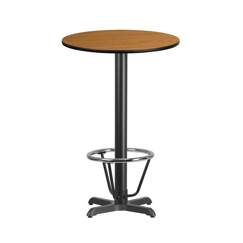 24” Round Natural Laminate Table Top with 22” x 22” Bar Height Table Base and Foot Ring