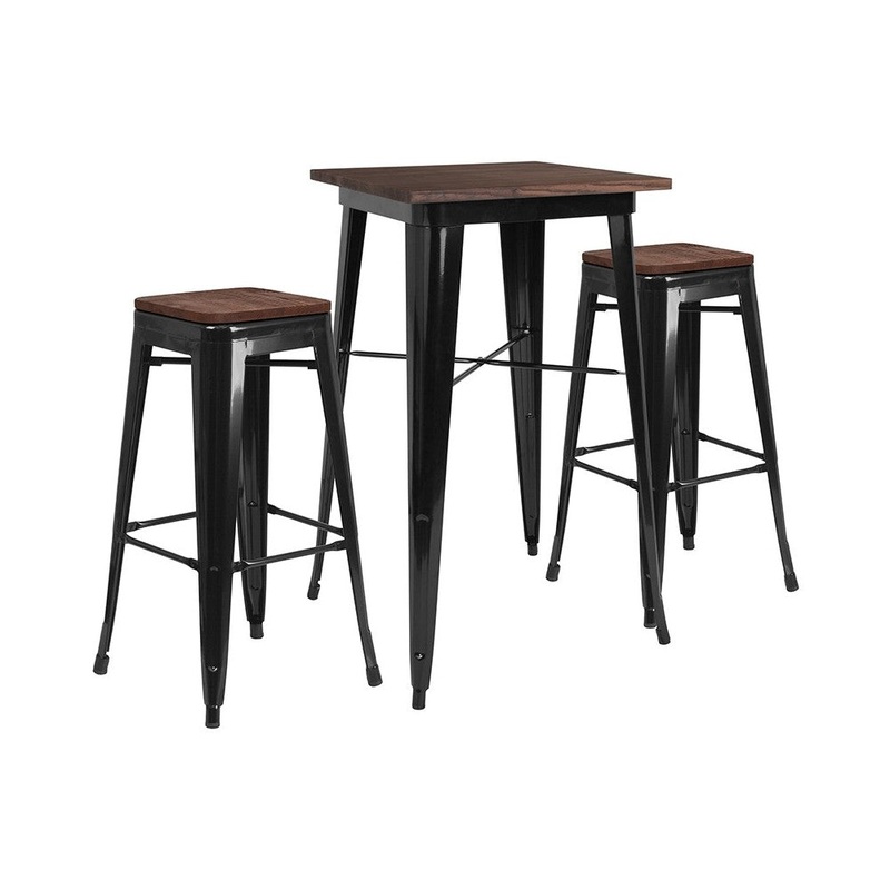 23.5″ Square Black Metal Bar Table Set with Wood Top and 2 Backless Stools