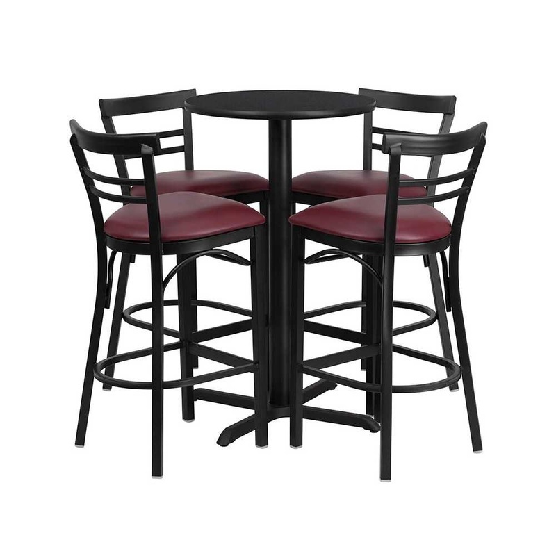 24” Round Black Laminate Table Set with X-Base and 4 Two-Slat Ladder Back Metal Barstools – Burgundy Vinyl Seat