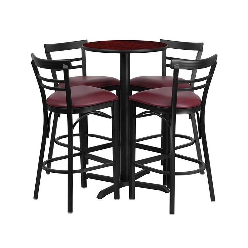 24” Round Mahogany Laminate Table Set with X-Base and 4 Two-Slat Ladder Back Metal Barstools – Burgundy Vinyl Seat