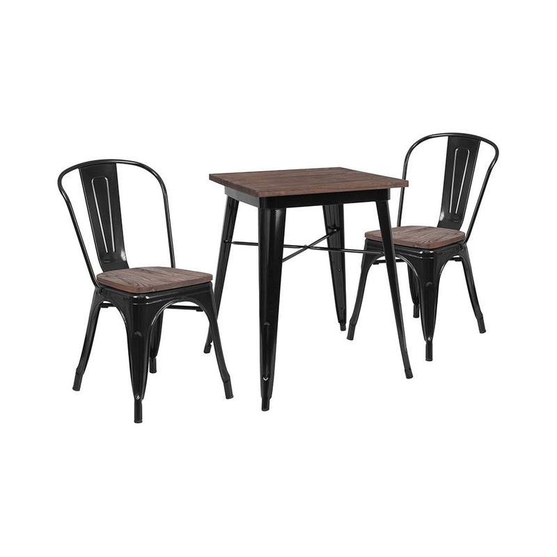 23.5″ Square Black Metal Table Set with Wood Top and 2 Stack Chairs