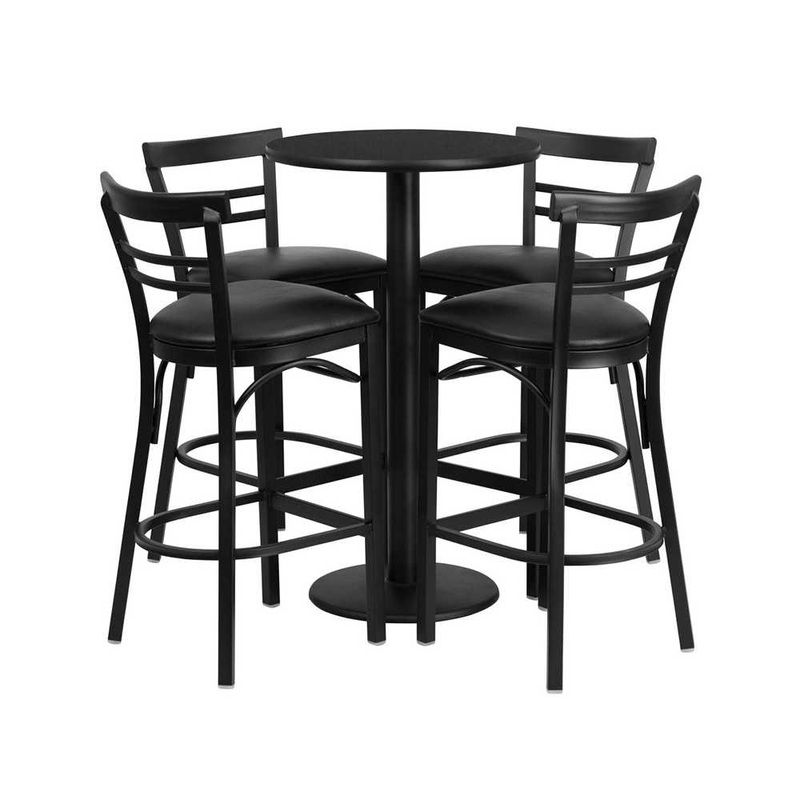 24” Round Black Laminate Table Set with Round Base and 4 Two-Slat Ladder Back Metal Barstools – Black Vinyl Seat