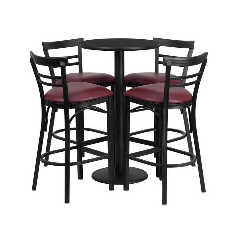 24” Round Black Laminate Table Set with Round Base and 4 Two-Slat Ladder Back Metal Barstools – Burgundy Vinyl Seat