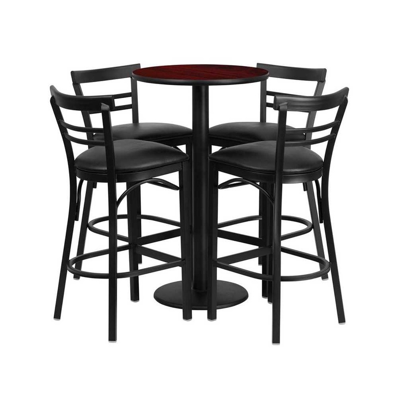 24” Round Mahogany Laminate Table Set with Round Base and 4 Two-Slat Ladder Back Metal Barstools – Black Vinyl Seat