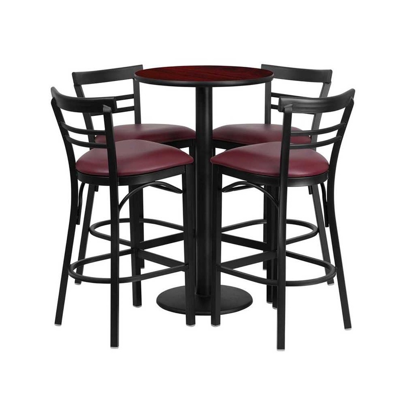 24” Round Mahogany Laminate Table Set with Round Base and 4 Two-Slat Ladder Back Metal Barstools – Burgundy Vinyl Seat