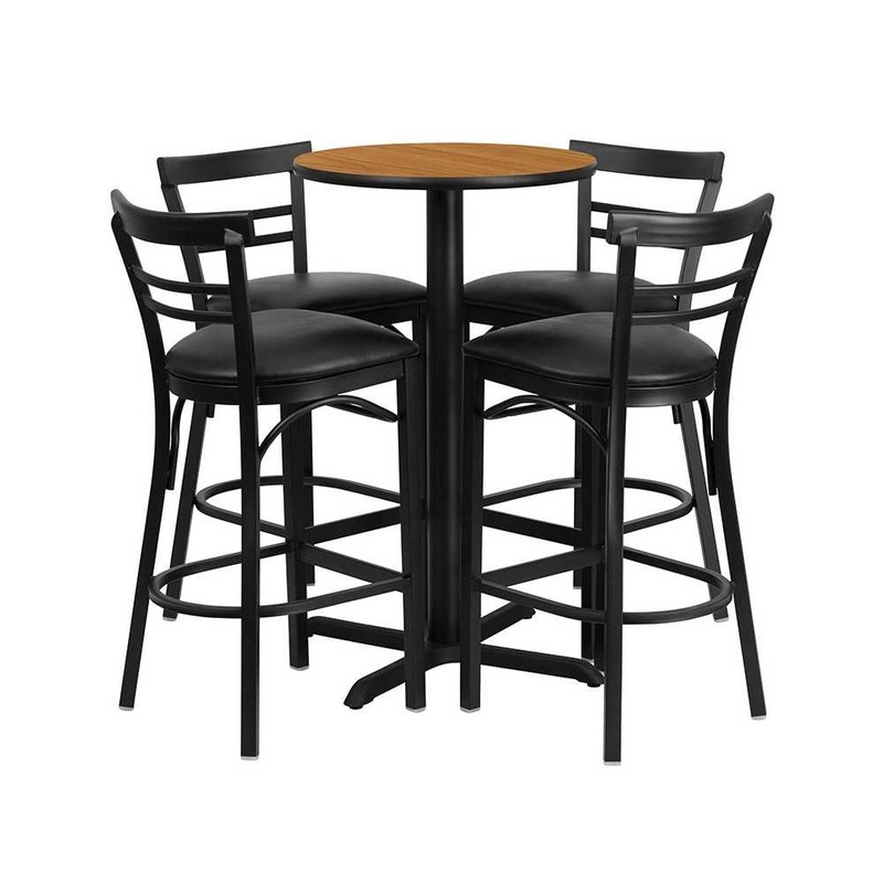24” Round Natural Laminate Table Set with X-Base and 4 Two-Slat Ladder Back Metal Barstools – Black Vinyl Seat