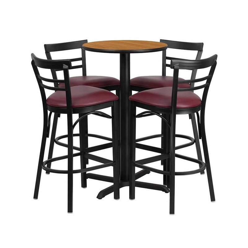 24” Round Natural Laminate Table Set with X-Base and 4 Two-Slat Ladder Back Metal Barstools – Burgundy Vinyl Seat