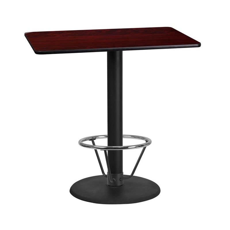 24” x 42” Rectangular Mahogany Laminate Table Top with 24” Round Bar Height Table Base and Foot Ring