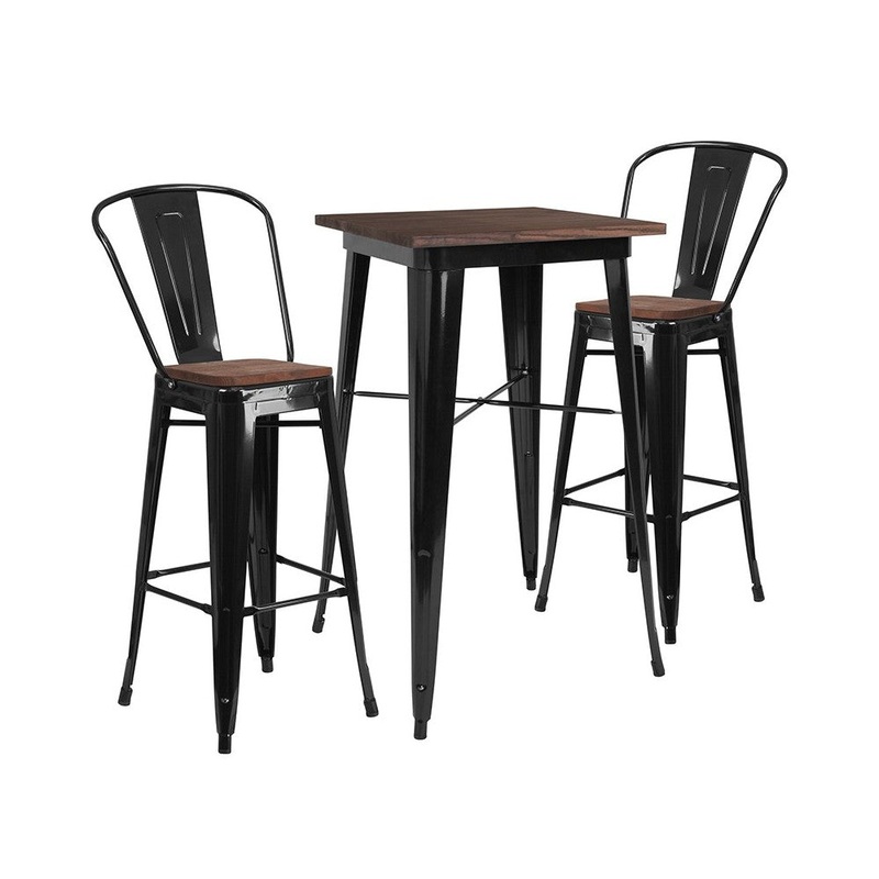 23.5″ Square Black Metal Bar Table Set with Wood Top and 2 Stools